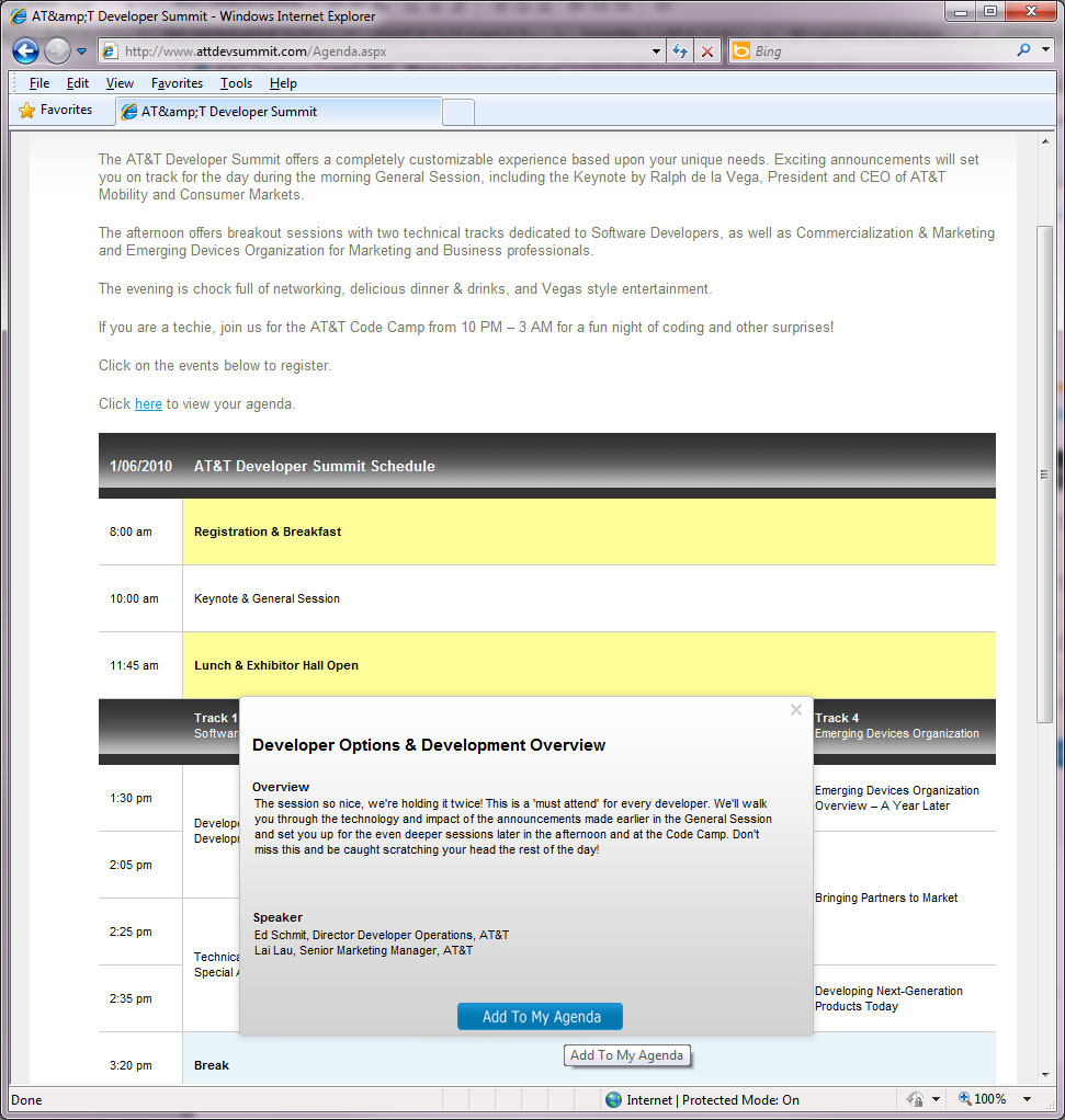 AT&T 2010 Developer Summit Website - Registration Portal
