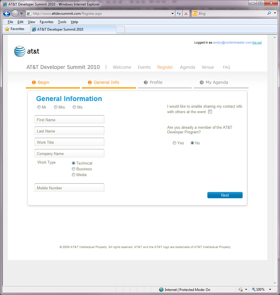 AT&T 2010 Developer Summit Website - Registration Portal