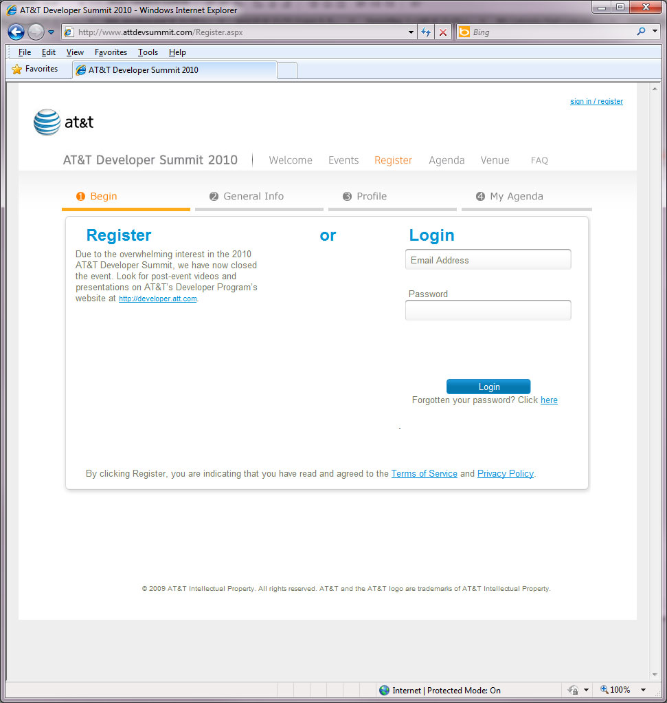AT&T 2010 Developer Summit Website - Registration Portal