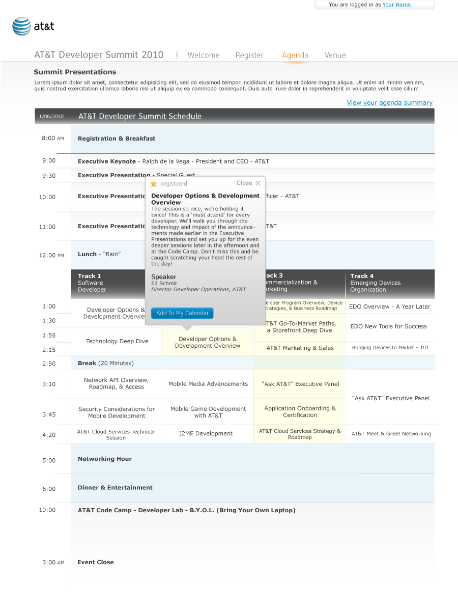 AT&T 2010 Developer Summit Website - Registration Portal